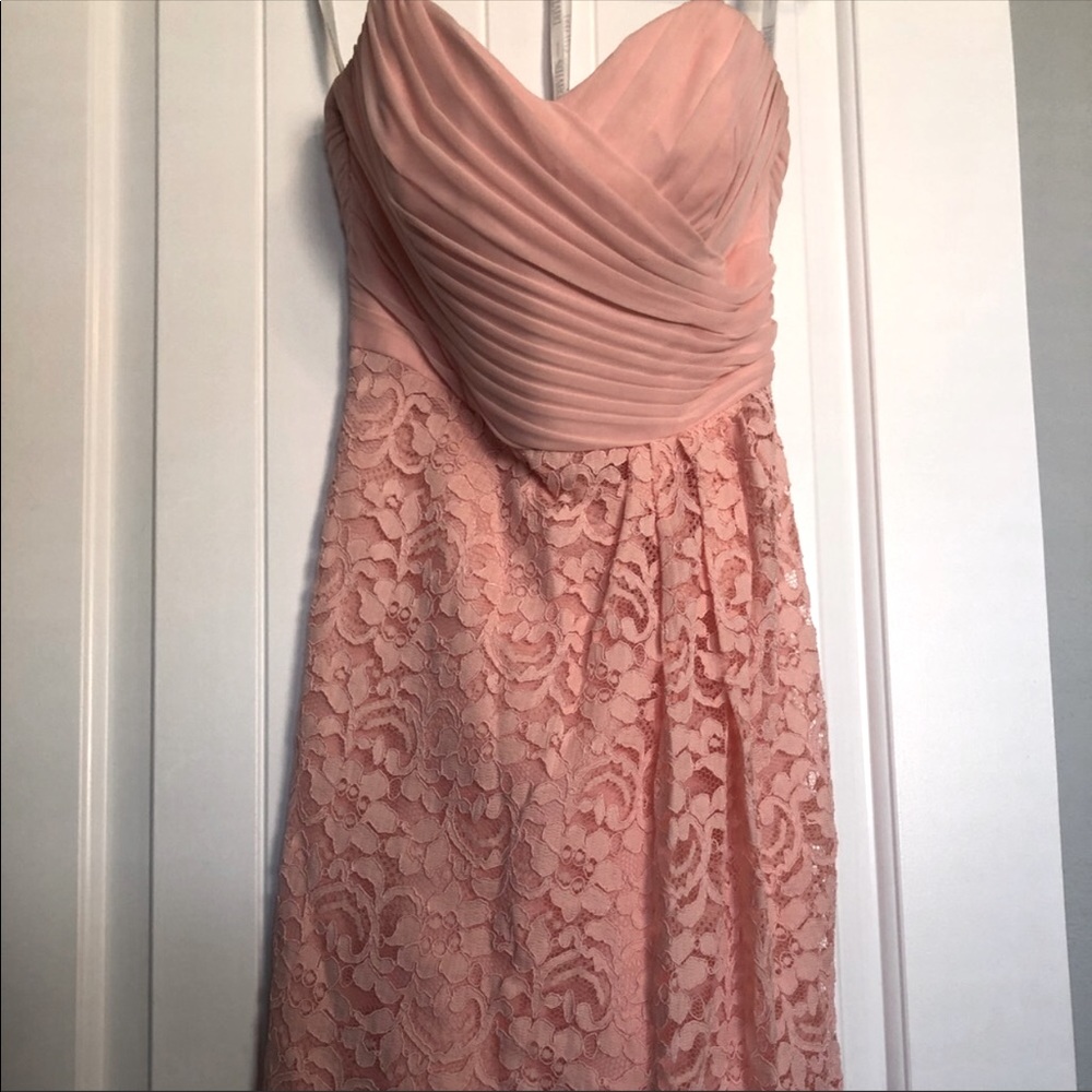 Bellini David’s Bridal bridesmaid dress peachpink